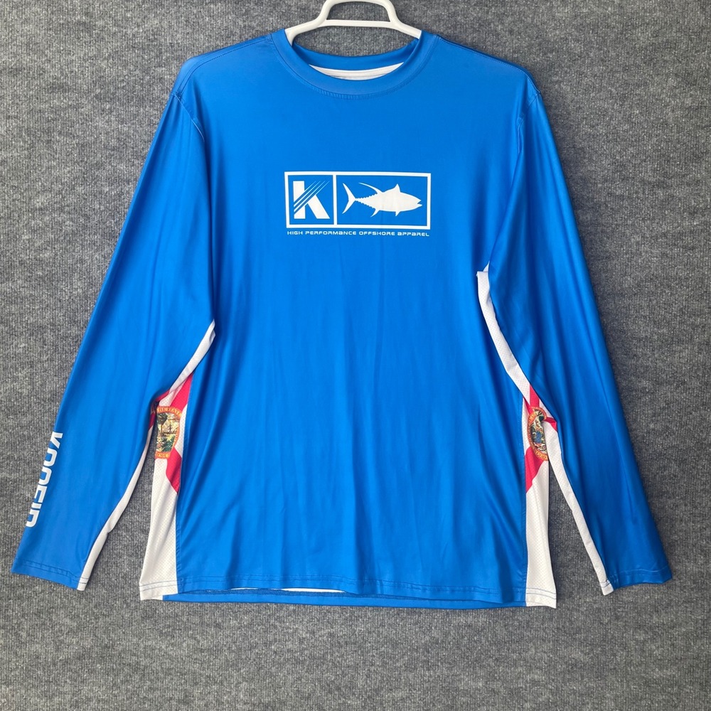 Koofin Gear Mens XL Blue Fishing Shirt Long Sleeve Performance Florida Flag Tuna